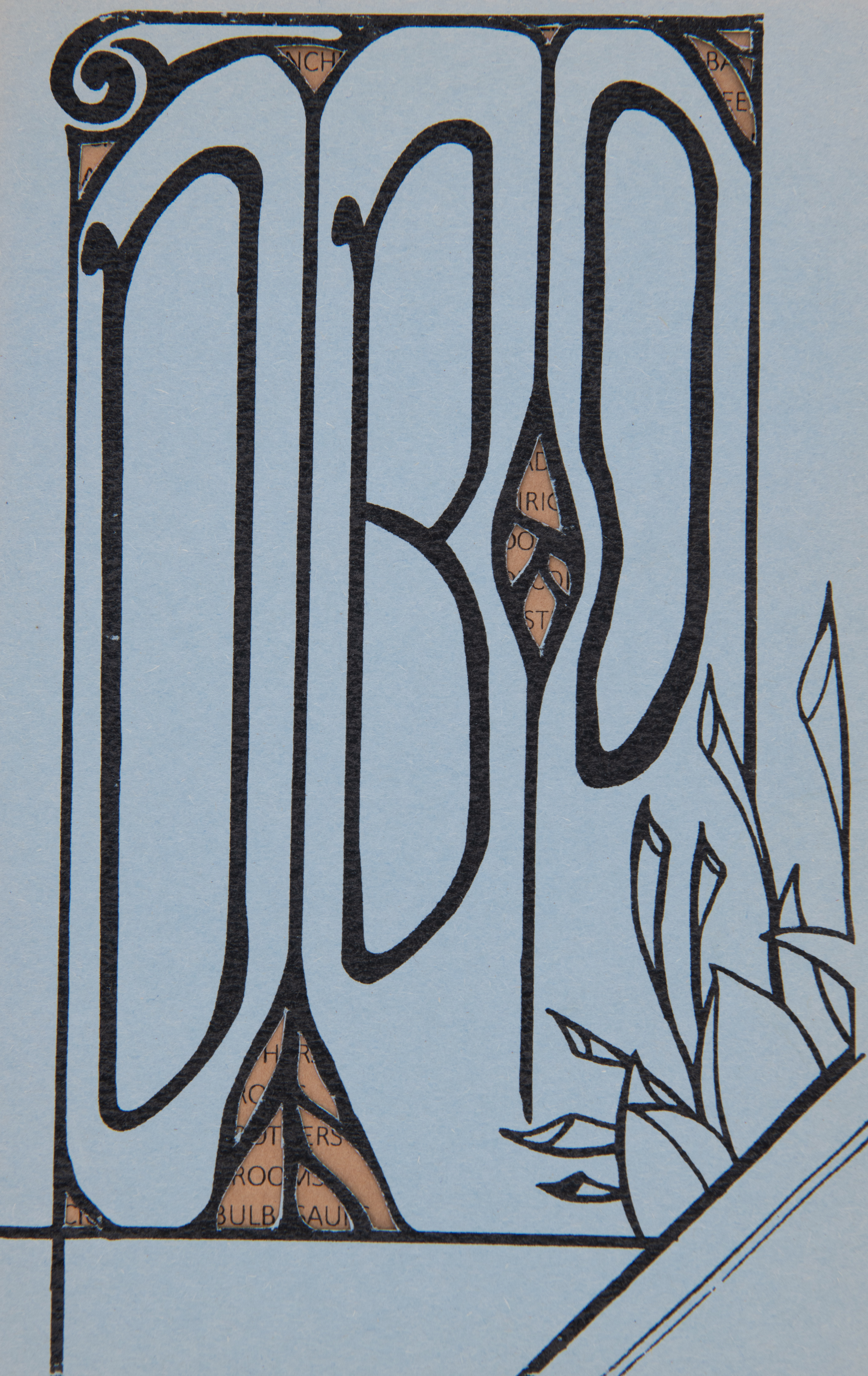 black printing toner reading "D" "B" "O" on light blue construction paper with cut-out windows revealing text on the next page