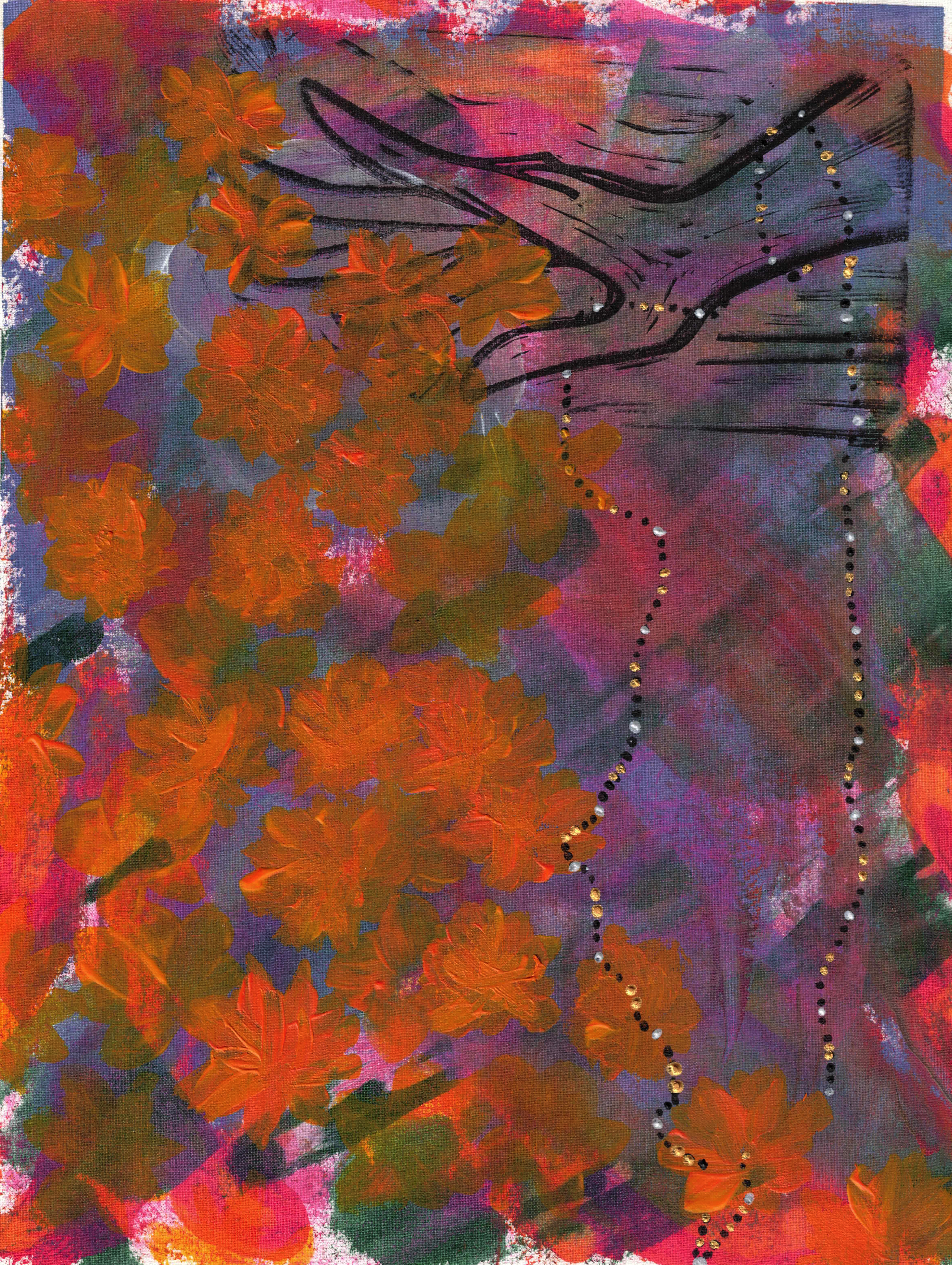 The image is of a block printed hand garlanded in a necklace of black, pearl, and gold painted beads. The background is blue, green, lavender, and orange paint, with orange marigolds painted along the left side and middle of the painting. White linen paper is visible in pieces around the piece, giving the background a patchwork-like appearance.