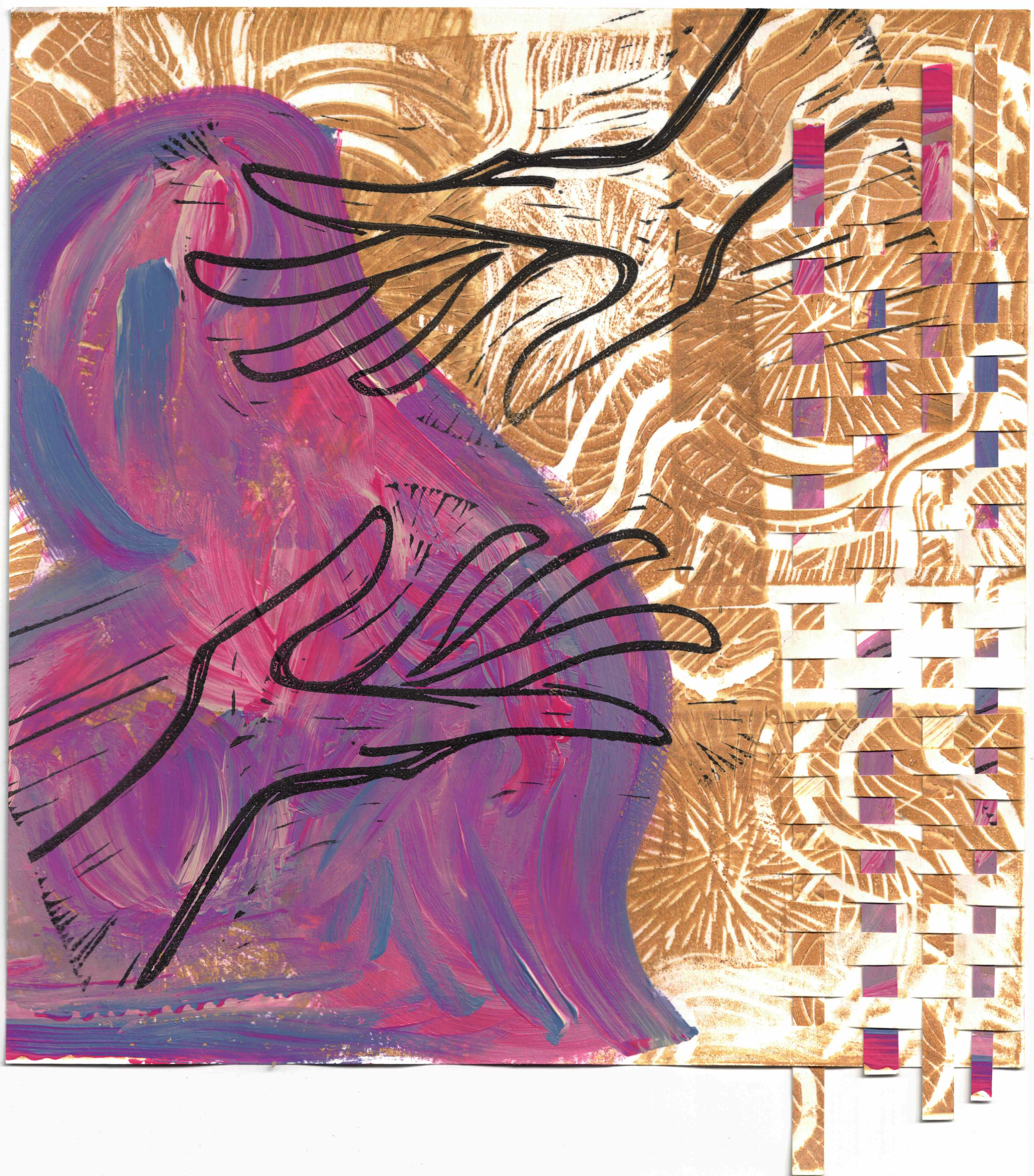 The image contains acrylic painting, relief carving, block printing, and weaving.